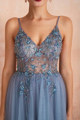 Sexy Spaghetti Straps Sheer A-line Tulle Prom Dresses with Side Slit_21