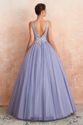 Elegant Lilac Sleeveless V-neck Appliques A-line Tulle Prom Dresses_5