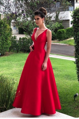 Straps V-neck Plain A-line Prom Dresses | Floor Length Red Evening Dresses_1