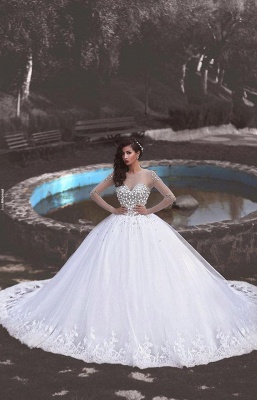 Glamorous Long Sleeves Ball Wedding Dresses Tulle Appliques Crytal Bridal Gowns_2