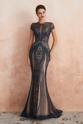 Jewel Keyhole Cap Sleeves Floor Length Beaded Black Prom Dresses_14