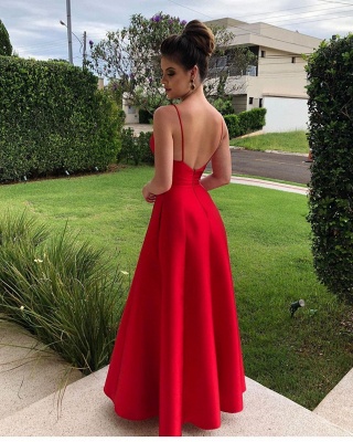 Straps V-neck Plain A-line Prom Dresses | Floor Length Red Evening Dresses_2