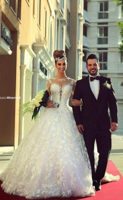 Lace Long Sleeve Wedding Dresses Court Train Elegant Ball Bridal Gowns_1