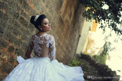 Lace Long Sleeve Wedding Dresses Court Train Elegant Ball Bridal Gowns_5