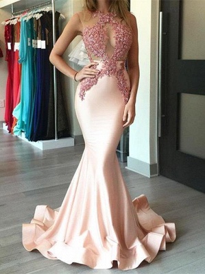 Alluring Long Prom Dresses Pink Sheer Lace Appliques Top Sleeveless Mermaid Evening Dress_3