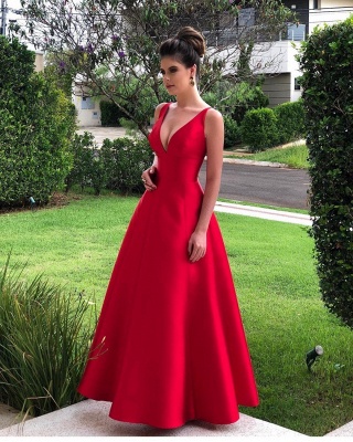 Straps V-neck Plain A-line Prom Dresses | Floor Length Red Evening Dresses_3