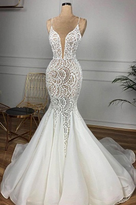 Charming Spaghetti Strap V Neck Lace Fitted Mermaid Wedding Dress