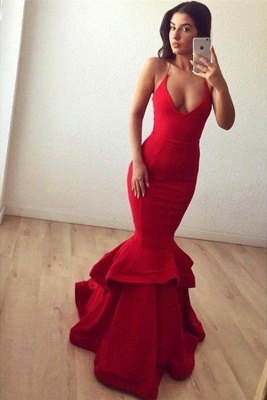 Spaghettis Straps Mermaid Prom Dresses Red Ruffles Sleeveless Long Sexy Sheath Evening Gowns_2