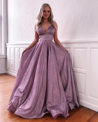 Spaghetti Straps V-neck Floor Length Metallic Prom Dresses | Trendy Party Dresses_2