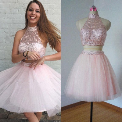 Beaded Chic Neck Pink Two-Piece High Homecoming Dresses_3