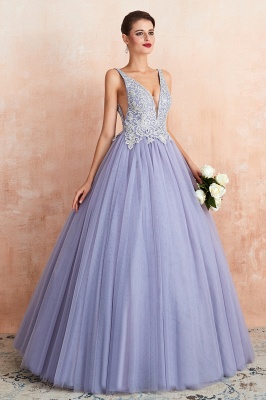 Elegant Lilac Sleeveless V-neck Appliques A-line Tulle Prom Dresses_4