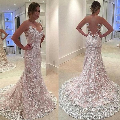 Elegant Sleeveless Sheer Tulle Court Train Lace Mermaid Wedding Dress_3
