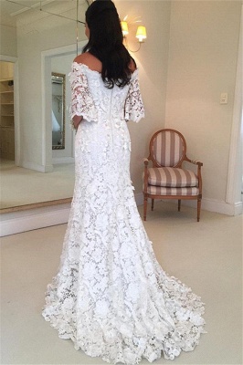 Simple Lace Off-the-Shouler Half-Sleeves Wedding DRess_3