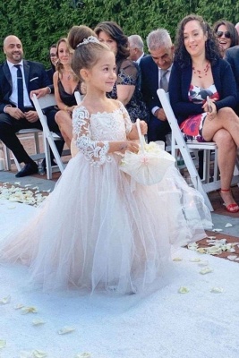 Cute A-Line Long Sleeve Appliques Lace Tulle Train Flower Girl Dress With Bowknot