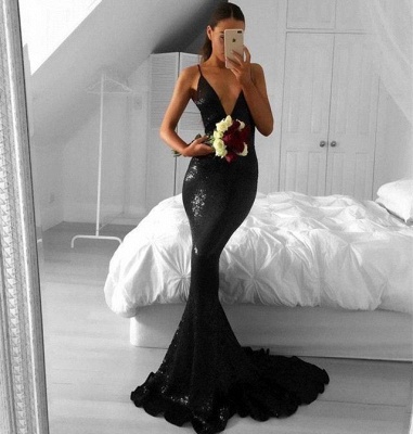 2018 Sweep-Train Mermaid Sexy V-Neck Black Sequined Prom Dresses_3