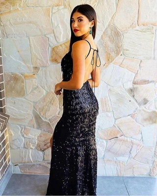 Black Strappy V-neck Hot Sexy Prom Dresses with High Slit and Fringes_2