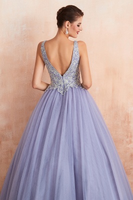 Elegant Lilac Sleeveless V-neck Appliques A-line Tulle Prom Dresses_9