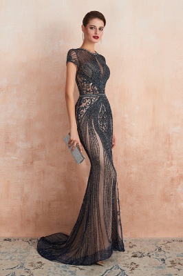 Jewel Keyhole Cap Sleeves Floor Length Beaded Black Prom Dresses_16
