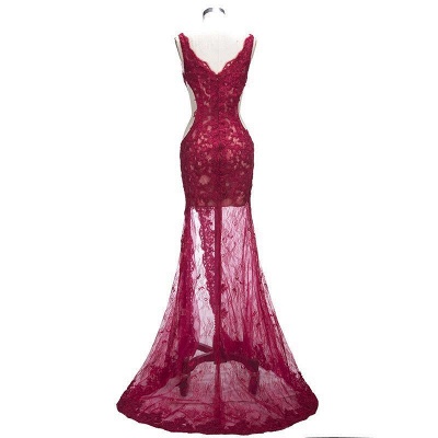 Sexy Burgundy Lace Evening Gowns | Side Split Mermaid Prom Dresses SP0386_5