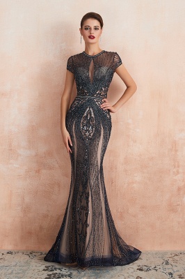 Jewel Keyhole Cap Sleeves Floor Length Beaded Black Prom Dresses_3