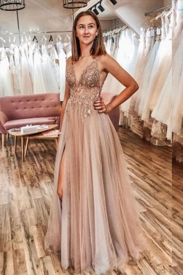 Sexy Spaghetti Straps Sheer A-line Tulle Prom Dresses with Side Slit_7