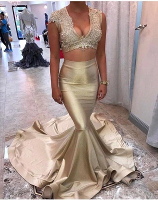 Lace V-neck Champagne-Gold Two-Piece Sexy Sleeveless Mermaid Long-Train Appliques Prom Dress_2
