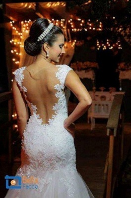Lace V-Neck Open Back Tulle Vintage Fit and Flare Wedding Dresses_3
