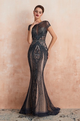Jewel Keyhole Cap Sleeves Floor Length Beaded Black Prom Dresses_11