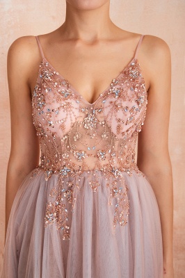 Sexy Spaghetti Straps Sheer A-line Tulle Prom Dresses with Side Slit_16