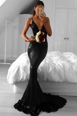 2018 Sweep-Train Mermaid Sexy V-Neck Black Sequined Prom Dresses_2