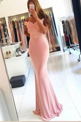Sexy Cheap Pink Off-the-Shoulder Lace Long Sheath Evening Dresses with Beading_1