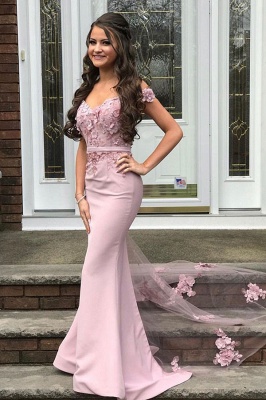 Elegant Off the Shoulder Dusty Pink Appliques Fitted Formal Prom Dress_1
