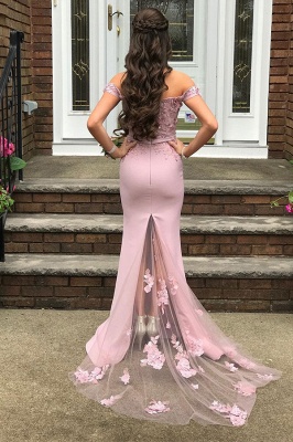 Elegant Off the Shoulder Dusty Pink Appliques Fitted Formal Prom Dress_2