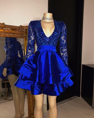 Royal Blue V-neck Mini A-line Party Party Dresses with Long Sleeves_2
