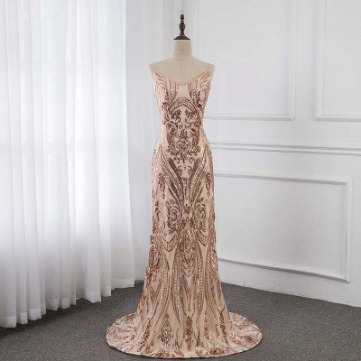 Spaghetti Straps V-neck Fitted Floor Length Sequined Prom Dresses_6