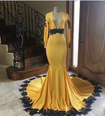 V-neck Lace Satin Yellow Mermaid Prom Dresses with Long Sleeves_2