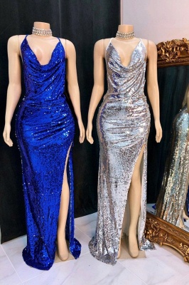 Spaghetti Straps Draped Neckline Sequins Long Prom Dresses with Side Slit_1