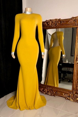 High Neck Long Sleeves Open Back Fitted Prom Dresses in Yellow_1