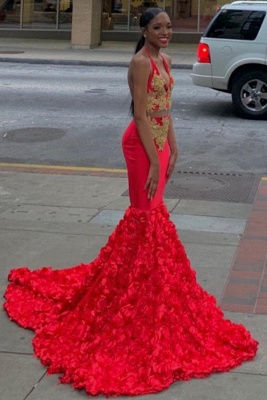 Sexy Two Piece Halter V-neck Red Mermaid Prom Dresses with Appliques_1