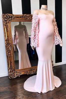 Cute Off the Shoulder Long Sleeves Pink Maternity Dresses_1