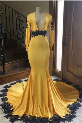 V-neck Lace Satin Yellow Mermaid Prom Dresses with Long Sleeves_1