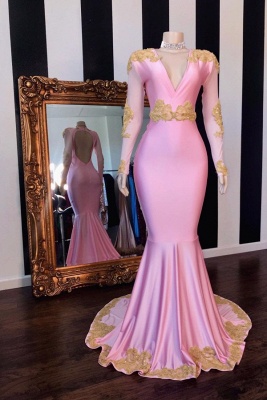 V-neck Long Sleeves Fit and Flare Pink Prom Dresses with Appliques_1