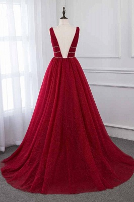 Straps Floor Length  V-neck  A-line Burgundy Tulle Prom Dresses_2