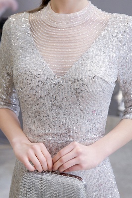 Women's Fashion Jewel Neck Half Sleeves Open Back Long Glitter Form-fitting Prom Dresses_8