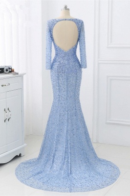 Elegant Light Blue Beaded Round Neckline Fitted Prom Dresses with Long Sleeves_4