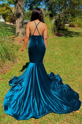 Stylish Straps V-neck Appliques Mermaid Dark Blue Velvet Prom Dresses_2