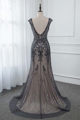 Bateau Cap Sleeves Fitted and Flare Beaded Black Prom Dresses ...