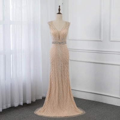 Sleeveless V-neck Belted Floor Length Sheath Prom Dresses_6