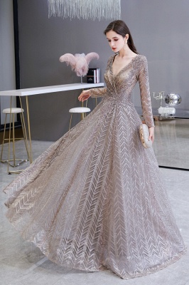 V-neck Long Sleeves Floor Length Lace A-line Gorgeous Prom Dresses_8