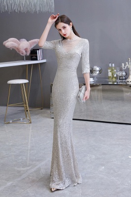 Women's Fashion Jewel Neck Half Sleeves Open Back Long Glitter Form-fitting Prom Dresses_4